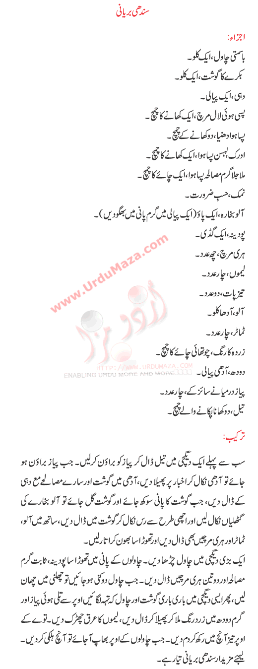 Urdu Recipes Of Sindhi Baryaani - Special Food Recipes In Urdu